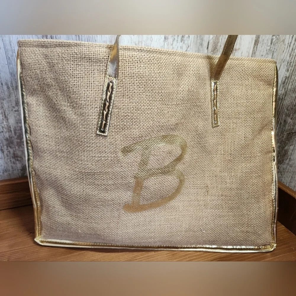 Tan Burlap with Gold Trim & Handles With Letter 
